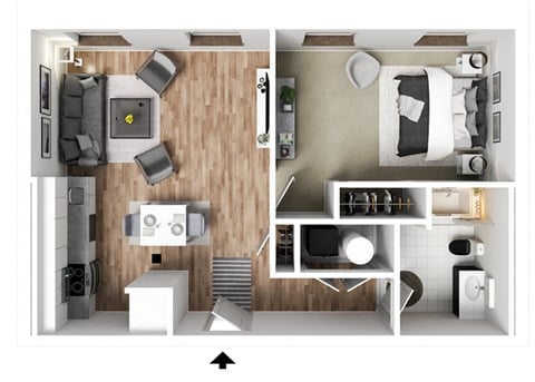 Floor plan for 1 bed, 1 bath, 647 sqft